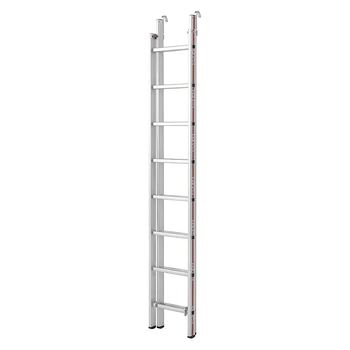 Hymer Schiebeleiter Einhänge-Schiebeleiter mit Einhängehaken 2x8 Sprossen - Arbeitshöhe: 4.890 m, Aluminium - Silberne Aluminium-Zweiteilige Anlegeleiter mit rotem Streifen und Haken für den Dachzugang.