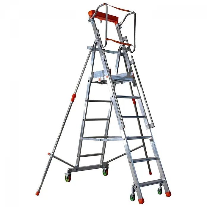 Facal Podestleiter Casta Podesttreppe Aluminium S600 5 Stufen - Anzahl Tritte: 5 Stk., Arbeitshöhe: 3.110 m, Aluminium - Mobile Aluminium-Arbeitsplattform mit Stufen, Sicherheitsgeländer und Rollen, mit orangefarbenen Akzenten.