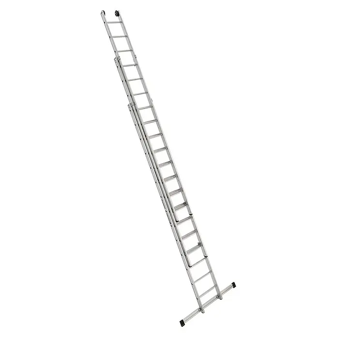 Euroline Schiebeleiter Premium 303 Schiebeleiter 3x14 Sprossen - Aluminium - Silberfarbene Aluminium-Ausziehleiter mit mehreren Abschnitten, stabilisierendem Fuß und Rollen oben zur einfachen Positionierung.