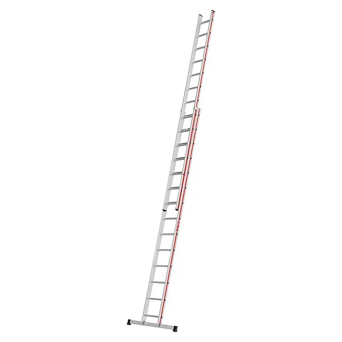 Hymer Schiebeleiter Schiebeleiter 2x14 Sprossen - Arbeitshöhe: 7.900 m, Aluminium - Silberne Aluminium-Ausziehleiter mit roten Sicherheitsmarkierungen, vollständig ausgezogen und breiter Standfläche.