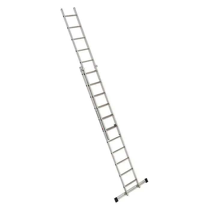 Euroline Schiebeleiter 202 Schiebeleiter 2x11 Sprossen - Anzahl Tritte: 11 Stk., Arbeitshöhe: 7.000 m, Aluminium - Silberne Aluminium-Ausziehleiter, zweifach verstellbar, mit breiter Stabilisierungsstange für Sicherheit.