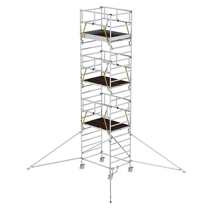 Munk Rollgerüst Rollgerüst SG mit Doppelplattform 1,35x1,80m und Ausleger 8,43m AH - Arbeitshöhe: 8.430 m - Mobiles Aluminium-Rollgerüst mit mehreren Plattformen, Rädern und Auslegern für Stabilität.