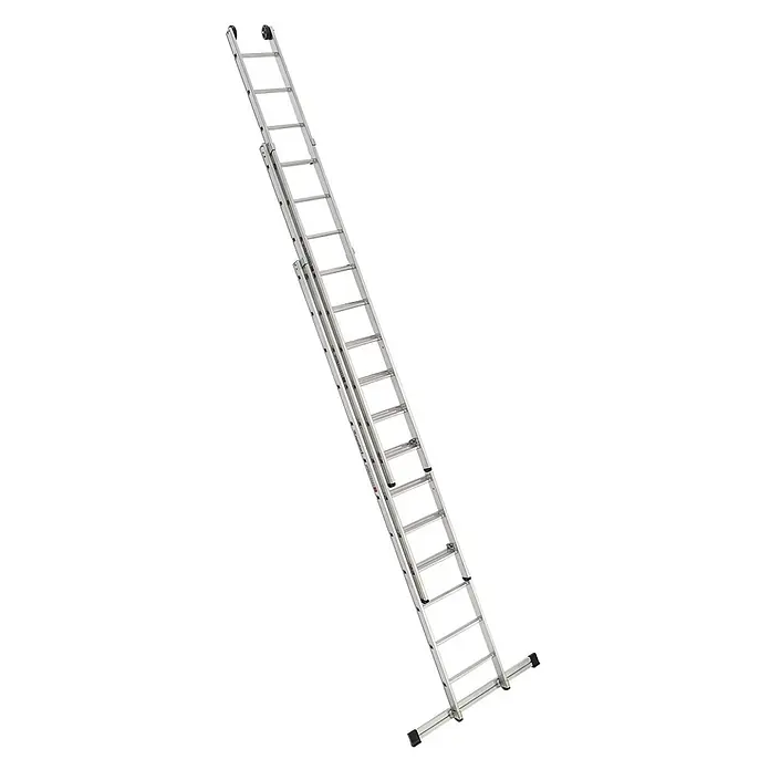 Euroline Schiebeleiter Premium 303 Schiebeleiter 3x12 Sprossen - Anzahl Tritte: 12 Stk., Arbeitshöhe: 9.800 m, Aluminium - Silberfarbene Aluminium-Dreifach-Ausziehleiter mit oberen Rollen und breiter Standbasis.