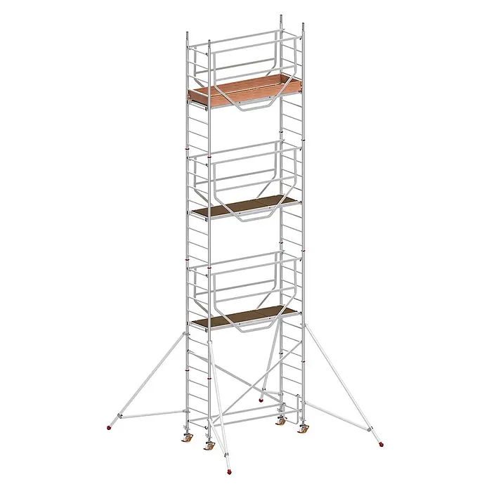 Hymer Rollgerüst Fahrgerüst ADVANCED SAFE-T Modul 1+2+3+Kit Bühnenlänge 2,08m - Arbeitshöhe: 8.270 m - Hoher, silberner Rollgerüstturm mit drei Holzplattformen, Seitenleitern, Auslegern und feststellbaren Lenkrollen.