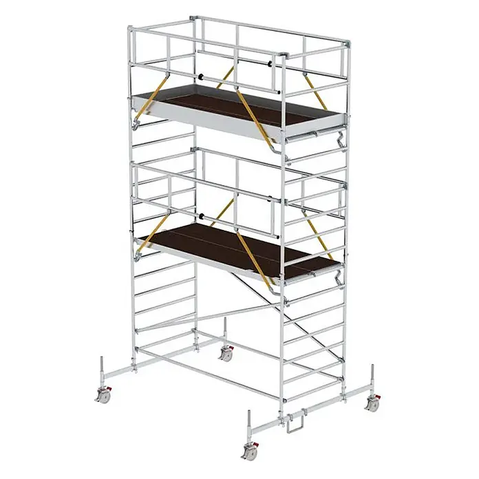 Munk Rollgerüst Rollgerüst SG mit Doppelplattform 1,35x3,00m Plattform 6,66m AH - Arbeitshöhe: 6.660 m - Mobiles Aluminium-Rollgerüst mit zwei Arbeitsplattformen, Lenkrollen und Sicherheitsgeländern.