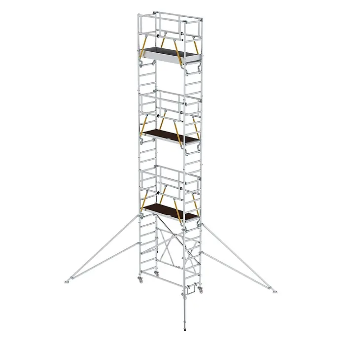 MUNK Klappgerüst SG 0,75x1,80m mit Ausleger und Sicherheitsgeländer 9,12m AH -  - Hohes, mehrstufiges mobiles Aluminium-Rollgerüst mit braunen Plattformen, gelben Stützen, Auslegern und Rollen.