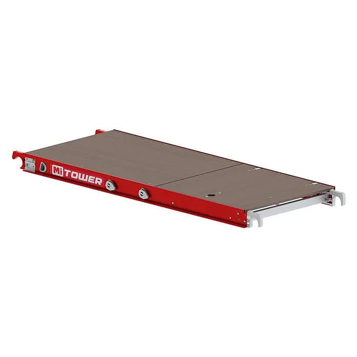 Altrex Rollgerüst MiTOWER PLUS Holz-Plattform -  - Rote und braune modulare Gerüstplattform mit ausziehbarer Arbeitsfläche und Befestigungshaken.