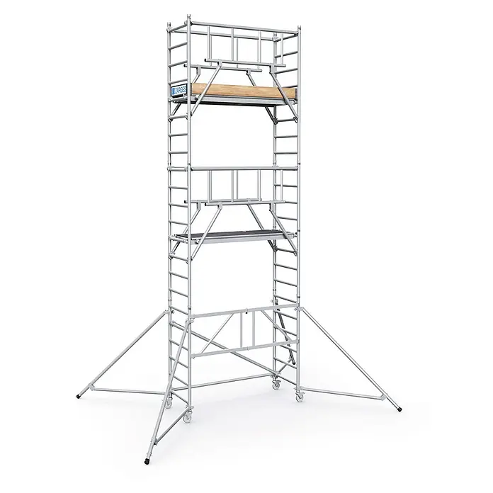 Zarges Rollgerüst Klappgerüst PaxTower S-Plus 1T Gruppe 5, 6,55m AH - Arbeitshöhe: 6.550 m - Silbernes mobiles Rollgerüst mit zwei Plattformen, Rollen und Auslegern.