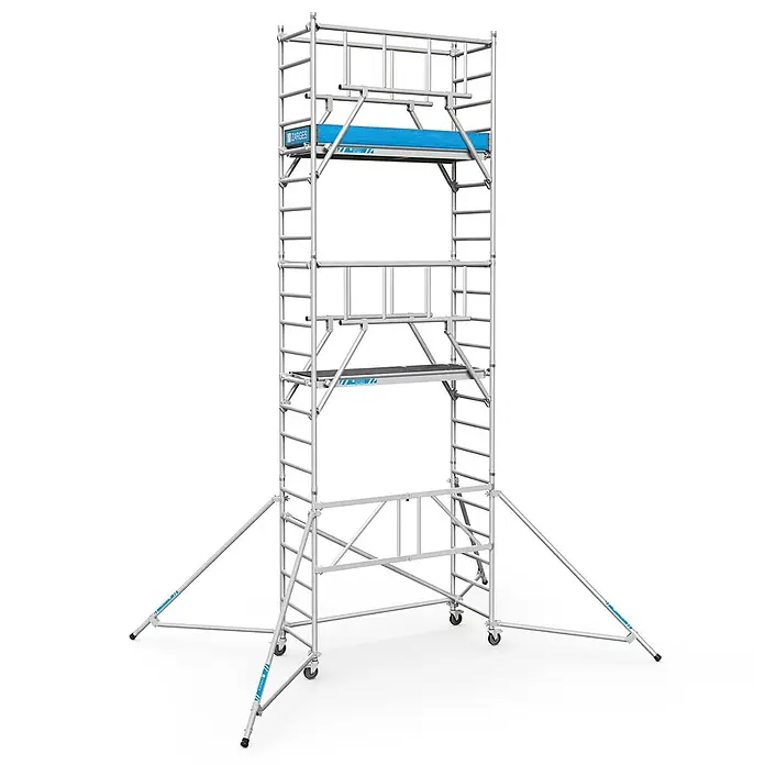 Zarges Rollgerüst Klappgerüst PaxTower S-Plus 1T Gruppe 5, 6,55m AH - Arbeitshöhe: 6.550 m - Mobiles Gerüst aus silbernem Aluminium mit blauen Plattformen und Rollen, für sicheres Arbeiten in der Höhe.