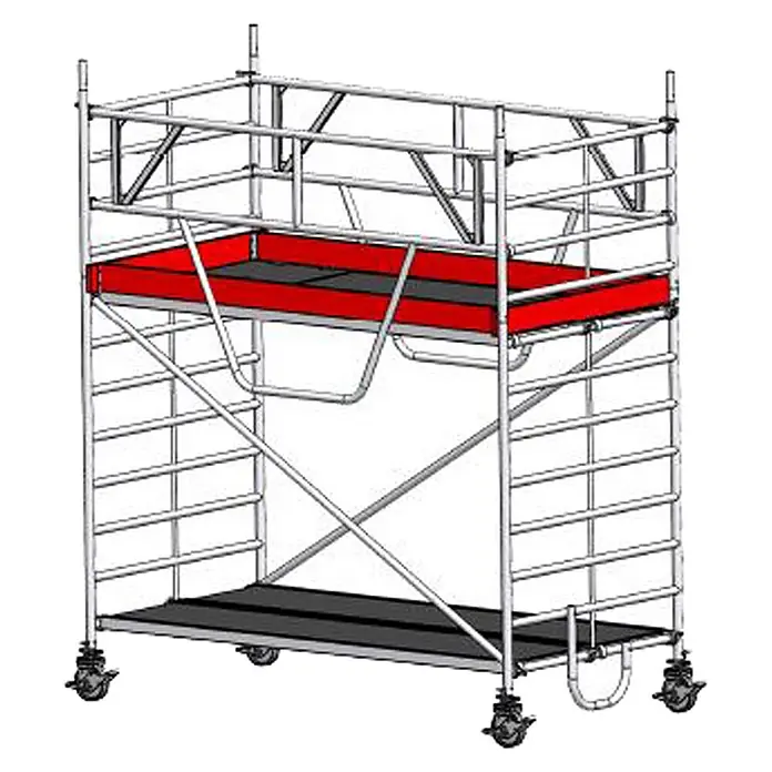 Euroline Rollgerüst Gerüst 9514 mit Sicherheitsaufbau 1,50x2,85m Fahrbalken verschiebbar 4,35m - Arbeitshöhe: 4.350 m - Mobiles Gerüst mit silbernem Rahmen, roten & schwarzen Plattformen und Rollen.