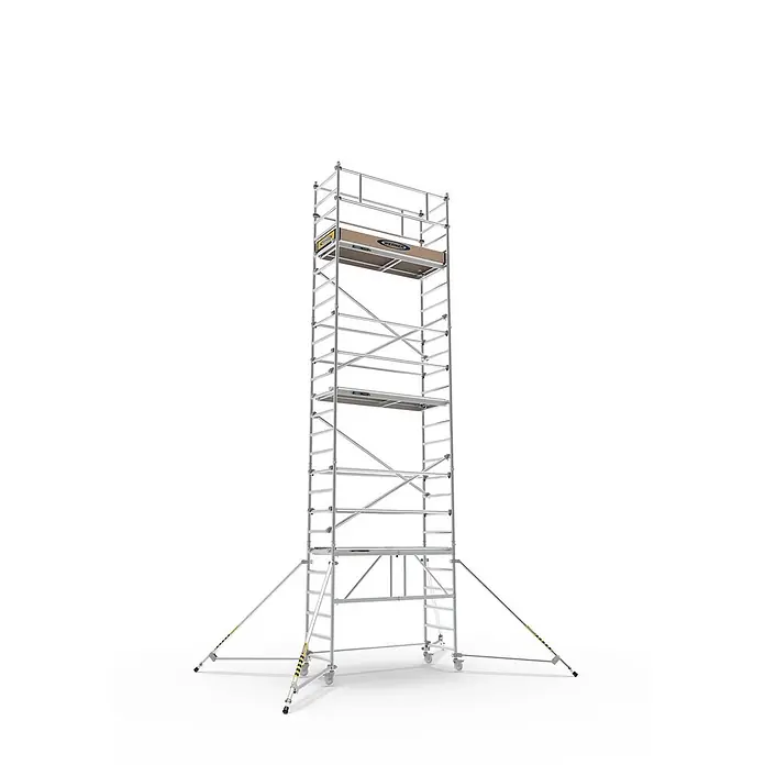 Werner Rollgerüst Klappgerüst Tower 3T nach DIN Norm EN 1004-1 AH 7,55m - Arbeitshöhe: 7.550 m, Belastbarkeit Plattform: 216 kg - Hoher, silberfarbener mobiler Gerüstturm mit Holzplattformen und Auslegern, Marke Werner.