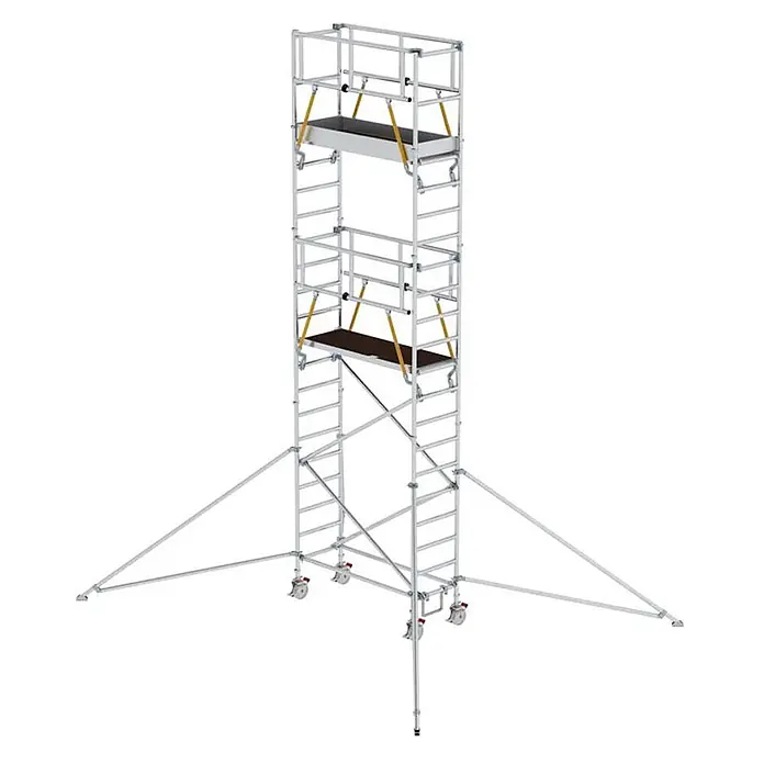 Munk Rollgerüst Rollgerüst SG mit Ausleger 0,75x1,80m Plattform 7,59m AH - Arbeitshöhe: 7.590 m - Hoher, silberner Rollgerüstturm mit mehreren dunklen Plattformen und stabilisierenden Auslegern.