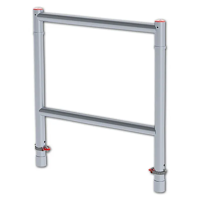 Altrex Rollgerüst Geländerrahmen RS TOWER 5 PLUS schmal 90-2 -  - Silberfarbene Metall-Schutzbarriere mit zwei vertikalen Pfosten, zwei horizontalen Stangen, roten Abschlusskappen und verstellbaren Klemmen.