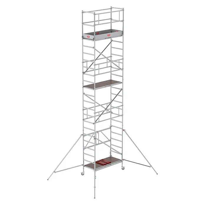 Altrex Rollgerüst Klappgerüst RS Tower 34 Aluminium 0,75x1,65m schmal 7,80m Arbeitshöhe - Arbeitshöhe: 7.800 m - Hoher, silberfarbener Aluminium-Rollgerüstturm mit zwei braunen Plattformen, roten Logo-Akzenten und Stützstreben.