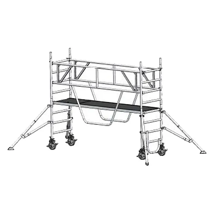 Euroline Rollgerüst Gerüst 9516 mit Sicherheitsaufbau und Auslegern 3,35m AH - Arbeitshöhe: 3.350 m - Silbernes Aluminium-Rollgerüst mit schwarzer Plattform, Rollen und Auslegern für sicheres Arbeiten in der Höhe.