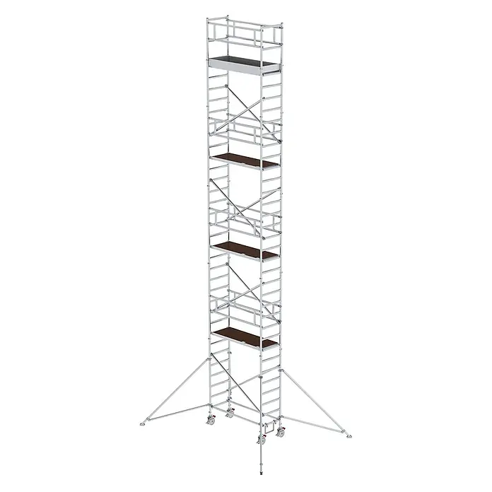 Munk Rollgerüst Aluminium-Rollgerüst mit Ausleger 1,80x0,75m Plattform 11,51m AH - Arbeitshöhe: 11.350 m - Hohes, silbernes Rollgerüst mit mehreren dunklen Plattformen, Auslegern und Rädern für Stabilität und einfache Bewegung.