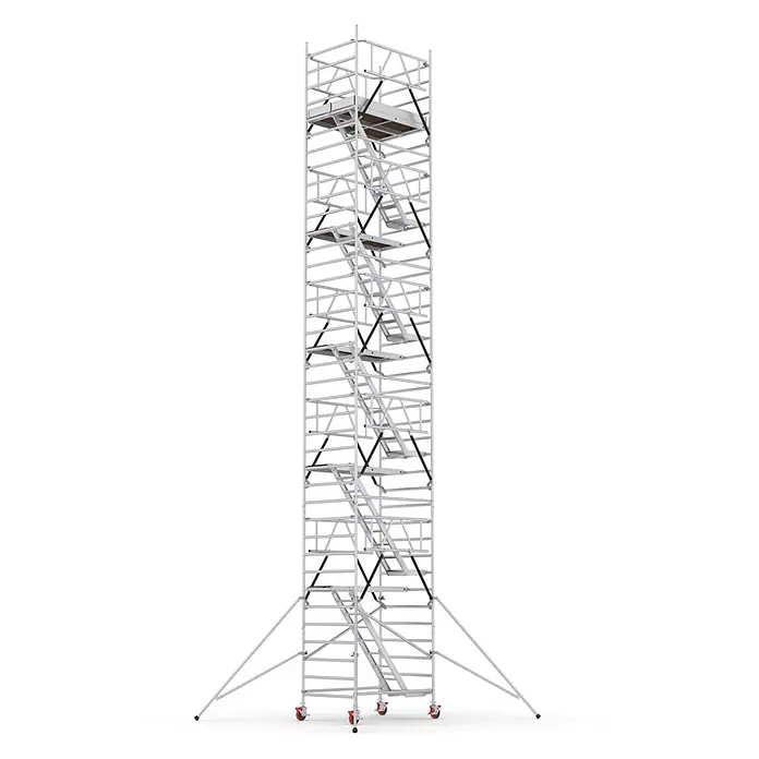 ABS Rollgerüst fahrbare Arbeitsbühne Pro 1070 mit 12,72m Arbeitshöhe - Arbeitshöhe: 12.720 m, Belastbarkeit Plattform: 200 kg - Hoher, modularer Gerüstturm aus weißem Metall mit mehreren Plattformen, Treppen, schwarzen Diagonalstreben, Auslegern und roten Rollen.
