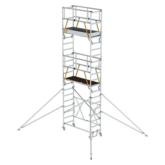 Munk Rollgerüst Klappgerüst SG 0,75x1,80m mit Ausleger und Sicherheitsgeländer 7,16m AH - Arbeitshöhe: 7.160 m - Hohes, mobiles Aluminium-Rollgerüst mit zwei Holzplattformen und vier ausgefahrenen Stabilisatoren.