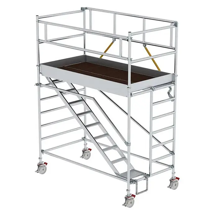 Munk Rollgerüst Rollgerüst SG mit Schrägaufstiegen 1,35x2,45m und Sicherheitsgeländer 4, - Arbeitshöhe: 4.510 m - Mobiles Aluminium-Rollgerüst mit integrierter Treppe, geräumiger Plattform, Geländern und feststellbaren Lenkrollen für sicheres Arbeiten in der Höhe.