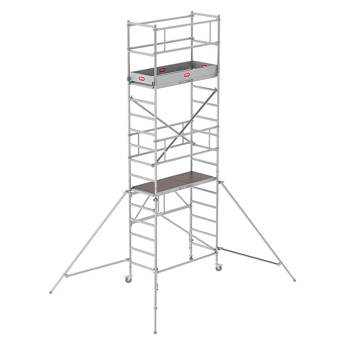 Altrex Rollgerüst Klappgerüst RS Tower 34 Aluminium 0,75x1,65m schmal 5,80m Arbeitshöhe - Arbeitshöhe: 5.800 m - Mobiles Aluminium-Rollgerüst mit brauner Plattform, Geländern und Auslegern für Stabilität.