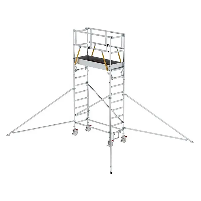 Munk Rollgerüst Rollgerüst SG mit Ausleger 0,75x1,80m Plattform 5,07m AH - Arbeitshöhe: 5.070 m - Silbernes Aluminium-Fahrgerüst mit schwarzer Plattform, Rollen zur Bewegung und breiten Auslegern für Stabilität.