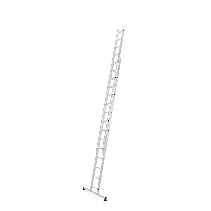 Werner Schiebeleiter Schiebeleiter 2x15 Sprossen - Anzahl Tritte: 15 Stk., Arbeitshöhe: 8.170 m, Aluminium - Silberne Aluminium-Ausziehleiter mit Stabilisatorbalken mit blauen Endstücken.