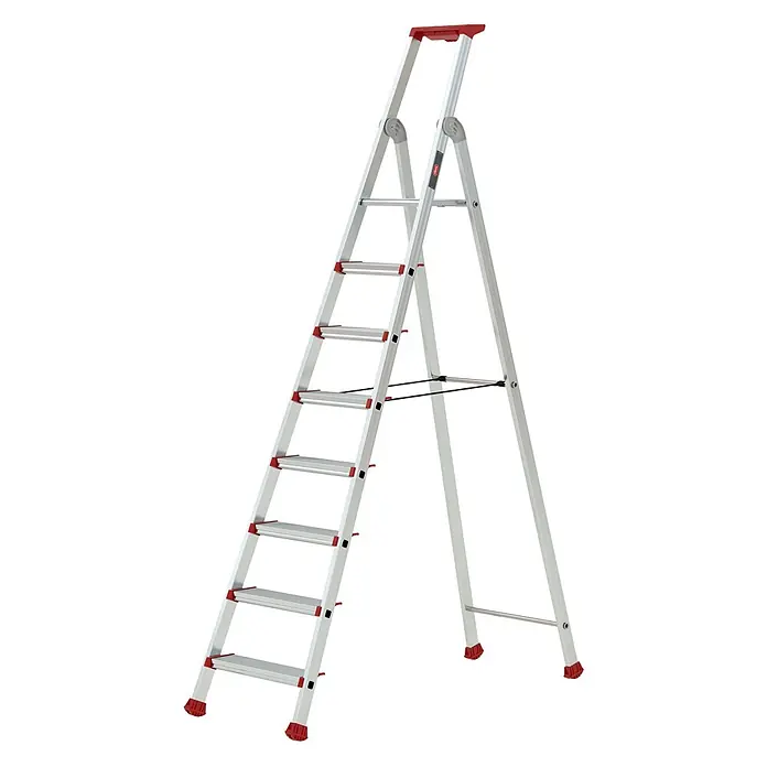 Altrex Stehleiter Nimba Stufenstehleiter einseitig begehbar 8 Stufen - Anzahl Tritte: 8 Stk., Arbeitshöhe: 3.820 m, Aluminium - Klappbare Aluminium-Stehleiter in Silber mit breiten Stufen und roten Akzenten an Griff, Stufen und Füßen.