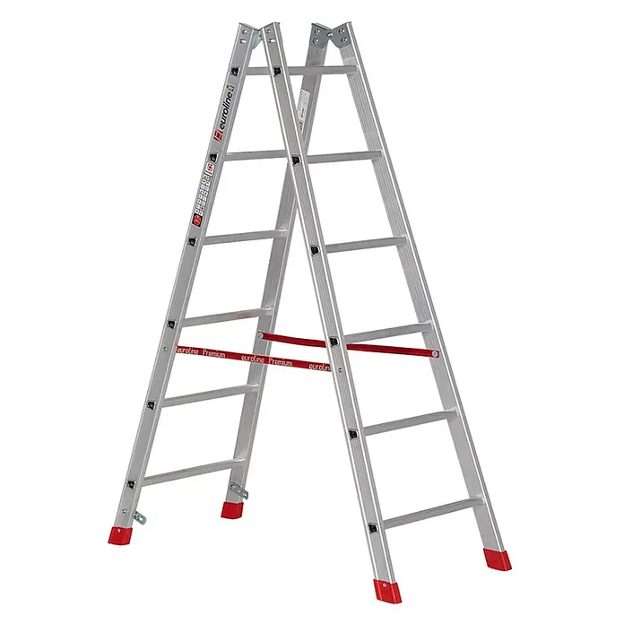 Euroline Stehleiter Premium 305 Sprossenstehleiter 2x6 Sprossen - Anzahl Tritte: 6 Stk., Arbeitshöhe: 3.050 m, Aluminium - Silberne Aluminium-Klappleiter mit roten Sicherheitsgurten und rutschfesten Füßen.