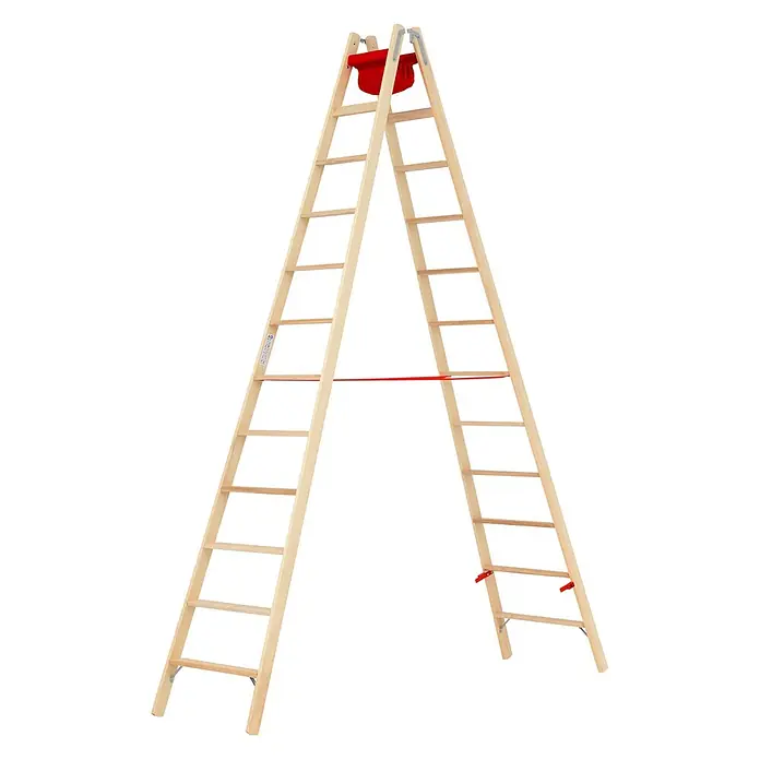 Hymer Stehleiter Holz Stufenstehleiter mit Textiltasche 2x12 Stufen - Anzahl Tritte: 12 Stk., Arbeitshöhe: 4.750 m, Holz - Helle Holz-Stehleiter mit roter Stofftasche oben und rotem Stabilisierungsriemen.