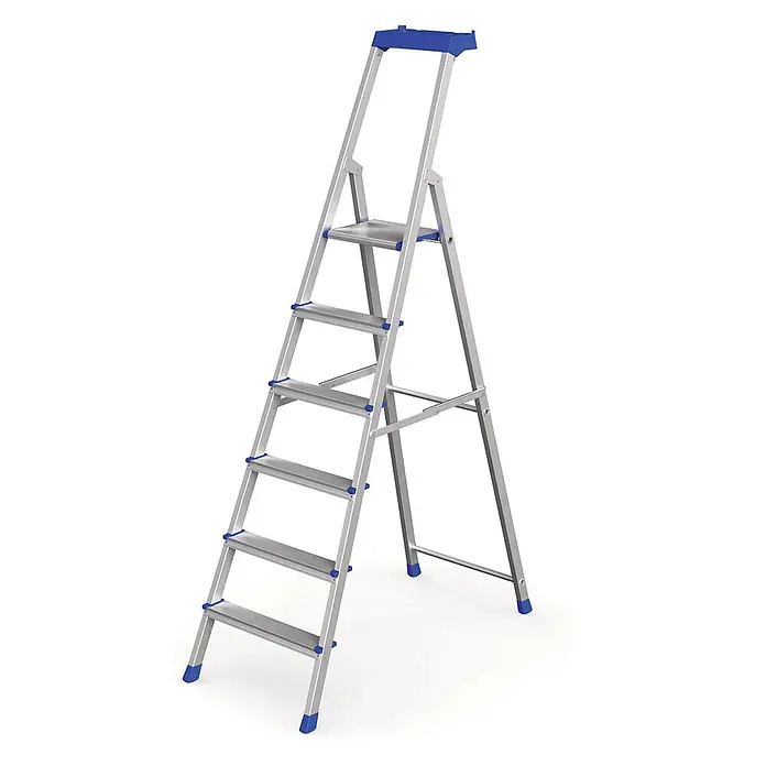 Werner Stehleiter Stufenstehleiter Pro Smart 6 Stufen - Anzahl Tritte: 6 Stk., Arbeitshöhe: 3.490 m, Aluminium - Silberne Aluminium-Klappleiter mit blauen Akzenten, mehreren rutschfesten Stufen und einer oberen Plattform.