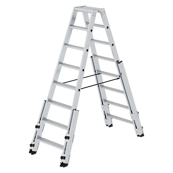 Munk Stehleiter Stufen- Stehleiter treppengängig beidseitig begehbar 2x8 Stufen - Anzahl Tritte: 8 Stk., Arbeitshöhe: 3.800 m, Aluminium - Silberne Aluminium-Mehrzweck-Klappleiter in A-Form mit schwarzen Stabilisatoren und verstellbaren Abschnitten.