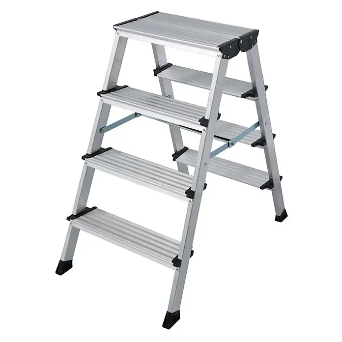 Euroline Stehleiter 20578 Klapptritt 2x4 Stufen - Anzahl Tritte: 4 Stk., Arbeitshöhe: 2.850 m, Aluminium - Silberne Aluminium-Klappleiter mit 4 Stufen und schwarzen Anti-Rutsch-Füßen und Stufenkappen.