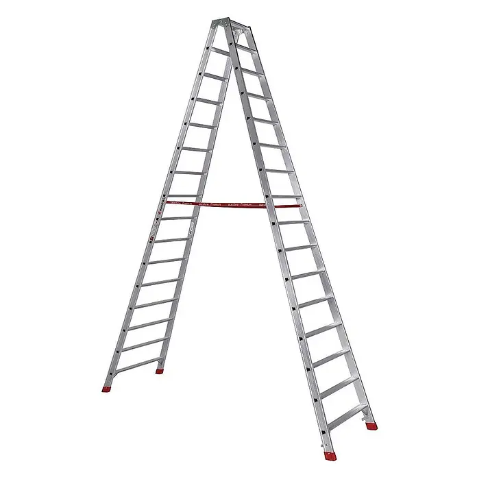 Euroline Stehleiter Premium 30577 Stufenstehleiter 2x16 Stufen - Anzahl Tritte: 16 Stk., Arbeitshöhe: 5.300 m, Belastbarkeit: 150 kg, Aluminium - Silberne Aluminium-Doppelleiter mit rotem Sicherheitsbügel und rutschfesten Füßen.