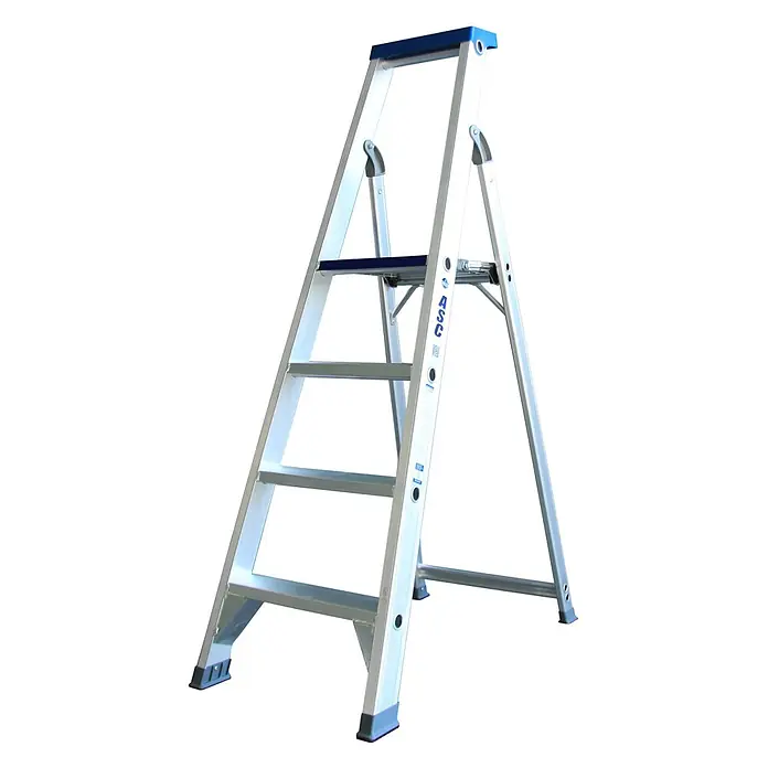 ASC Stehleiter Stufenstehleiter BT-4 einseitig 4 Stufen mit 3,00m Arbeitshöhe - Anzahl Tritte: 4 Stk., Arbeitshöhe: 3.000 m, Aluminium - Silberne Aluminium-Klappleiter mit blauer Ablage und Akzenten.