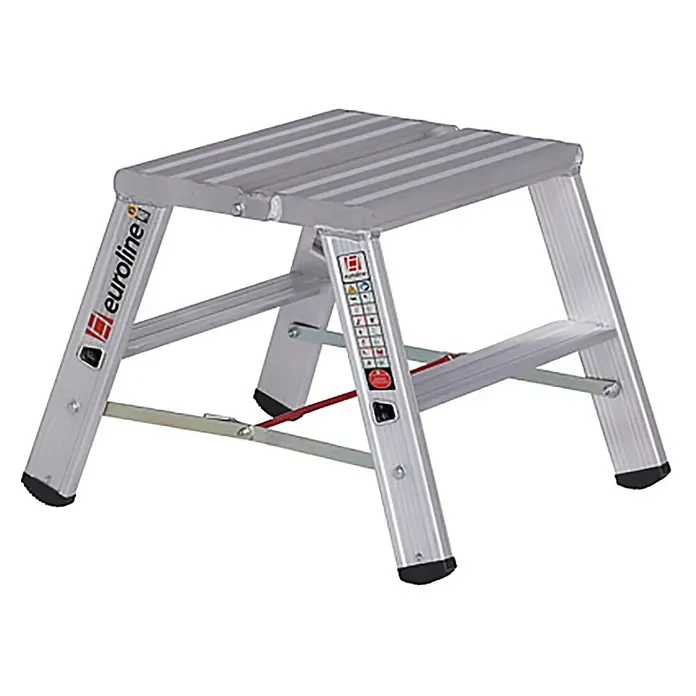Euroline Stehleiter Premium 30581 Stufenstehleiter breit 2x2 Stufen - Anzahl Tritte: 2 Stk., Arbeitshöhe: 2.500 m, Aluminium - Aluminium-Arbeitsplattform mit rutschfesten geriffelten Stufen und stabilen Beinen.