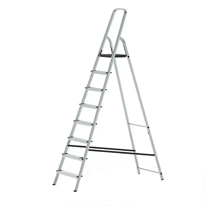 Werner Stehleiter Stufenstehleiter 8 Stufen - Anzahl Tritte: 8 Stk., Arbeitshöhe: 3.710 m, Aluminium - Silberne Metall-Klappleiter mit schwarzen Stufen und oberer Ablage, einsatzbereit.