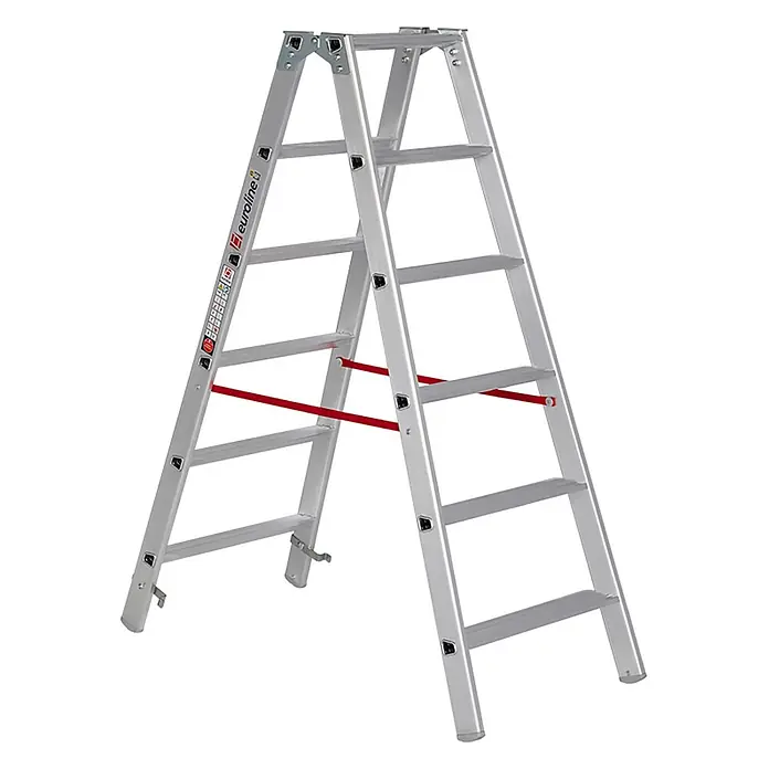 Euroline Stehleiter 20577 Stufenstehleiter 2x6 Stufen - Anzahl Tritte: 6 Stk., Arbeitshöhe: 3.180 m, Aluminium - Faltbare silberne Aluminium-Doppelleiter mit roten Sicherheitsstreben.