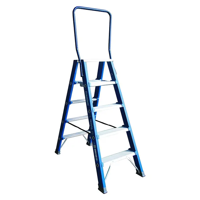 ASC Stehleiter Premium- Stufenstehleiter DT-5 2x5 Stufen mit 3,26m Arbeitshöhe - Anzahl Tritte: 5 Stk., Arbeitshöhe: 3.260 m, Aluminium - Blaue Aluminium-Klappleiter mit fünf Stufen und Sicherheitsgeländer für stabiles Steigen.