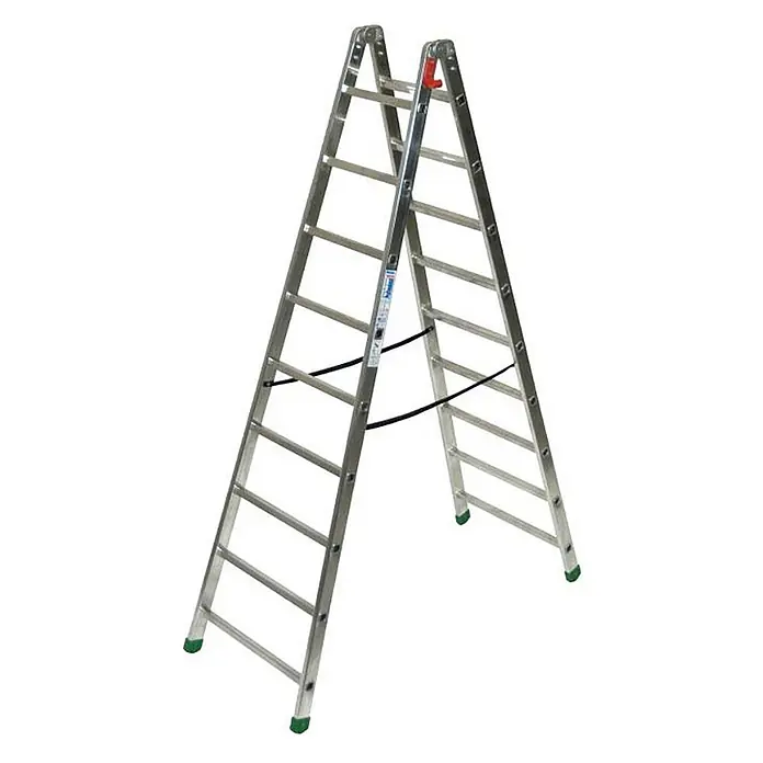 Facal Stehleiter Professional 1 Stehleiter S600 9 Sprossen - Anzahl Tritte: 9 Stk., Arbeitshöhe: 3.750 m, Aluminium - Silberne Stehleiter mit rotem Verriegelungsmechanismus und grünen rutschfesten Füßen.