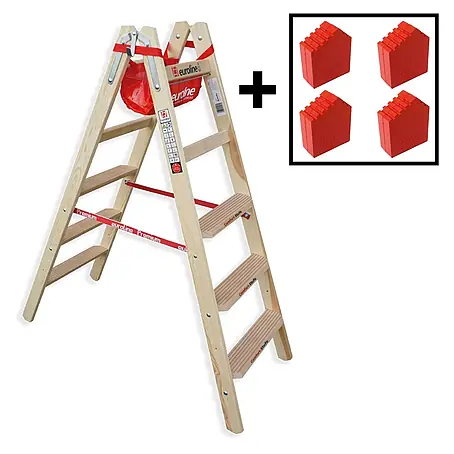 Euroline  Stehleiter Holz Stufenstehleiter mit Comfort-Stufen mit Werkzeugablage +4x Leiterfüß