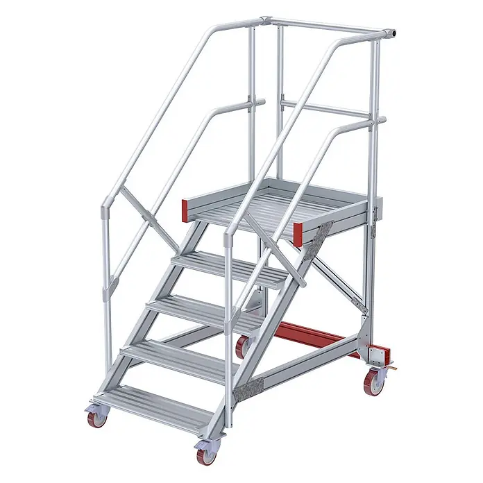 Euroline Stehleiter 513 Wartungsbühne 45° 1000mm Stufenbreite 5 Stufen Alu gerieft - Anzahl Tritte: 5 Stk., Aluminium - Mobile Aluminium-Arbeitsplattform mit rutschfesten Stufen, Handläufen und roten Rollen.