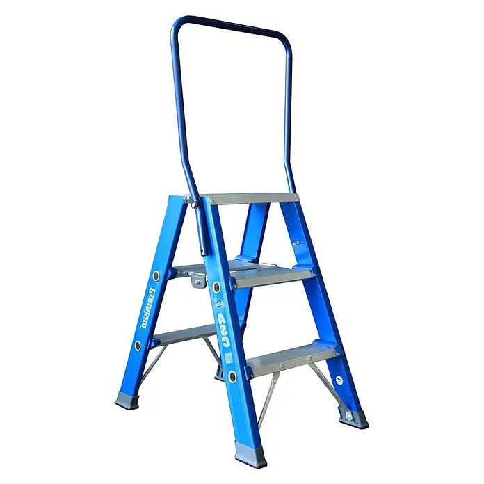 ASC Stehleiter Premium- Stufenstehleiter DT-3 2x3 Stufen mit 2,76m Arbeitshöhe - Anzahl Tritte: 3 Stk., Arbeitshöhe: 2.760 m, Aluminium - Blaue Aluminium-Klappleiter mit drei Stufen und Sicherheitsbügel.