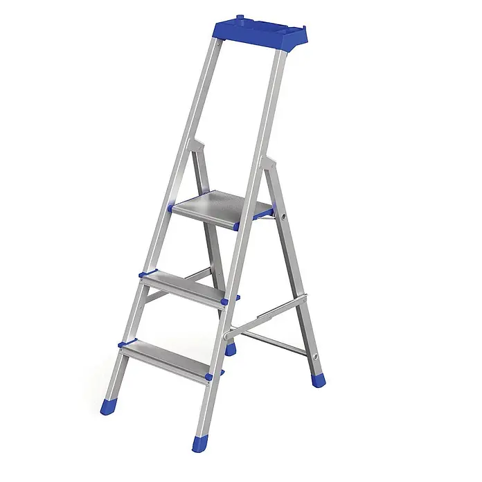 Werner Stehleiter Stufenstehleiter Pro Smart 3 Stufen - Anzahl Tritte: 3 Stk., Arbeitshöhe: 2.740 m, Aluminium - Klappbare silberne Stehleiter mit drei Stufen, Ablagefach und blauen Anti-Rutsch-Akzenten an Füßen und Stufen.