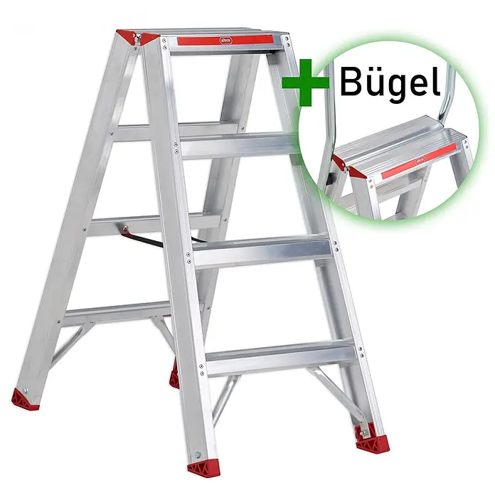 Altrex Stehleiter Sierra beidseitig begehbare Stufenstehleiter SDO 4 Stufen mit Bügel - Anzahl Tritte: 4 Stk., Arbeitshöhe: 2.950 m, Aluminium - Aluminium-Stehleiter mit roten Akzenten und optionalem Haltebügel.