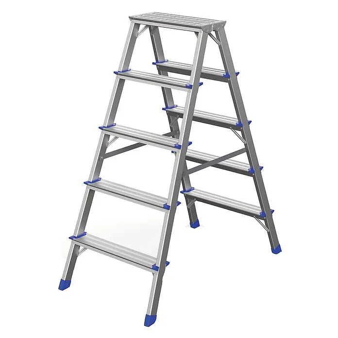 Werner Stehleiter Stufenstehleiter zweiseitig begehbar 2x5 Stufen - Anzahl Tritte: 5 Stk., Arbeitshöhe: 2.650 m, Aluminium - Silberne Aluminium-Klappleiter mit blauen Akzenten an Füßen und Stufenverbindungen. Mit breiten, texturierten Stufen für Sicherheit.