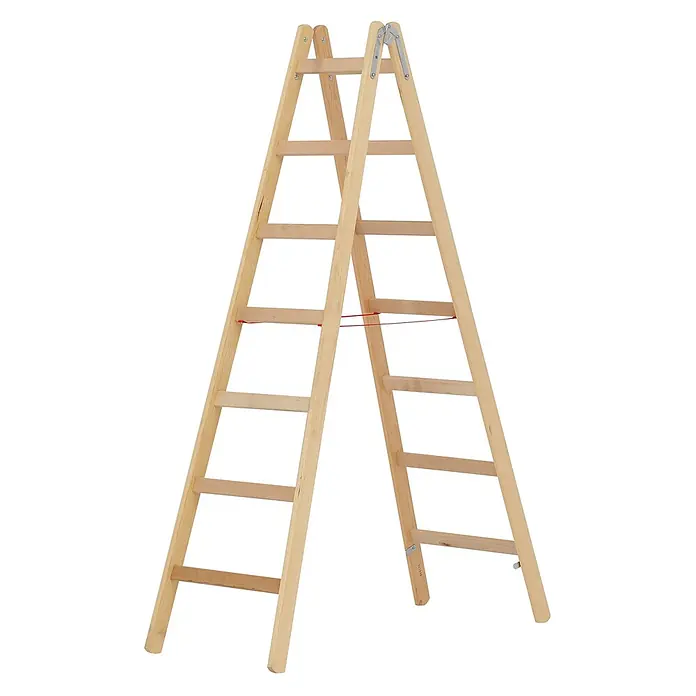 Hymer Stehleiter Holz Sprossenstehleiter mit Eimerhaken 2x7 Sprossen - Anzahl Tritte: 7 Stk., Arbeitshöhe: 3.400 m, Holz - Holz-Klappleiter in Naturholz-Optik mit rotem Sicherheitsband und Metallscharnieren.
