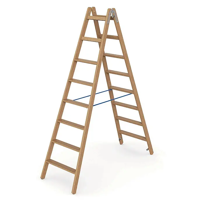 Werner Stehleiter Holz Stufenstehleiter zweiseitig begehbar 2x8 Stufen - Anzahl Tritte: 8 Stk., Arbeitshöhe: 3.600 m, Holz - Hölzerne Klappleiter mit Metallscharnieren und blauen Spreizsicherungen für Stabilität.