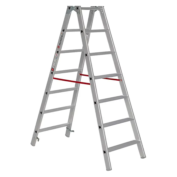 Euroline Stehleiter 20577 Stufenstehleiter 2x7 Stufen - Anzahl Tritte: 7 Stk., Arbeitshöhe: 3.430 m, Aluminium - Silberne doppelseitige Aluminium-Stehleiter mit roten Spreizsicherungen.