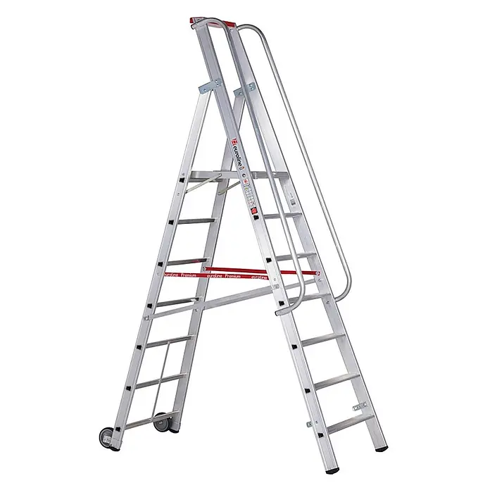 Euroline Stehleiter Premium 32677 Stufenstehleiter mit großer Standplattform 7 Stufen - Anzahl Tritte: 7 Stk., Arbeitshöhe: 3.450 m, Aluminium - Silberne Aluminium-Stehleiter mit breiten Stufen, Handlauf und Rollen für sicheren und mobilen Zugang.