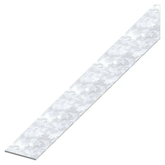Kantoflex Flachprofil - 1.000 x 35,5 x 1,5 mm, Stärke: 1,2 mm, Stahl, Silber - Darstellung eines flachen, länglichen Metallstreifens mit einer unregelmäßigen, gesprenkelten Oberfläche, ideal für industrielle Anwendungen.